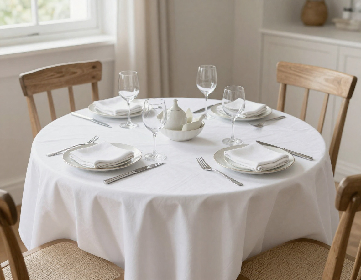 Elegant middagsbord med hvit duk og stoler